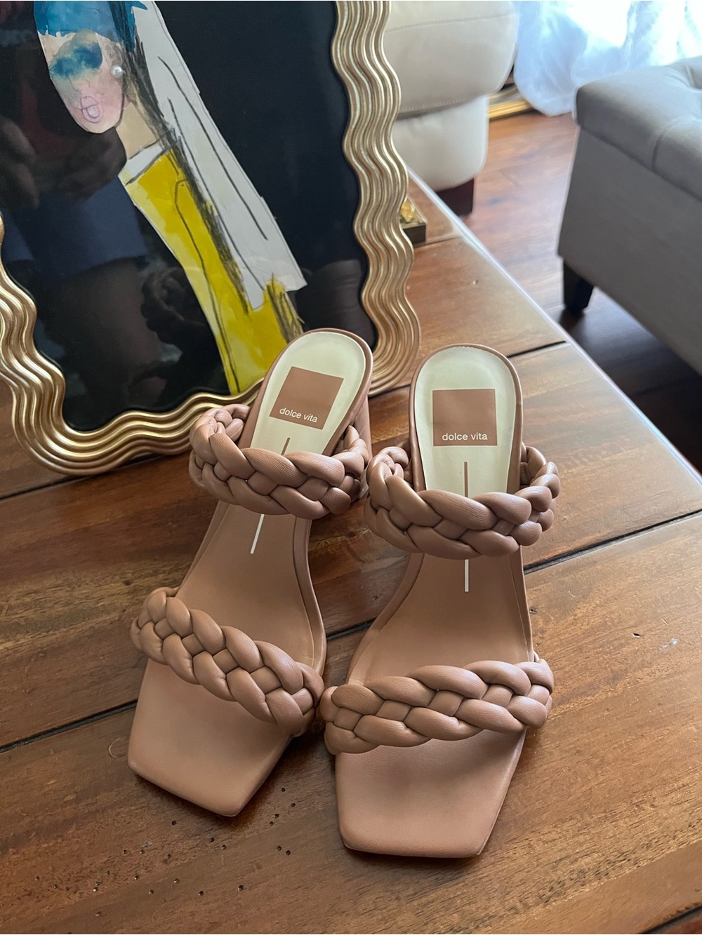 Dolce Vita Braided Double-Strap Slide Mules in Blush Taupe
